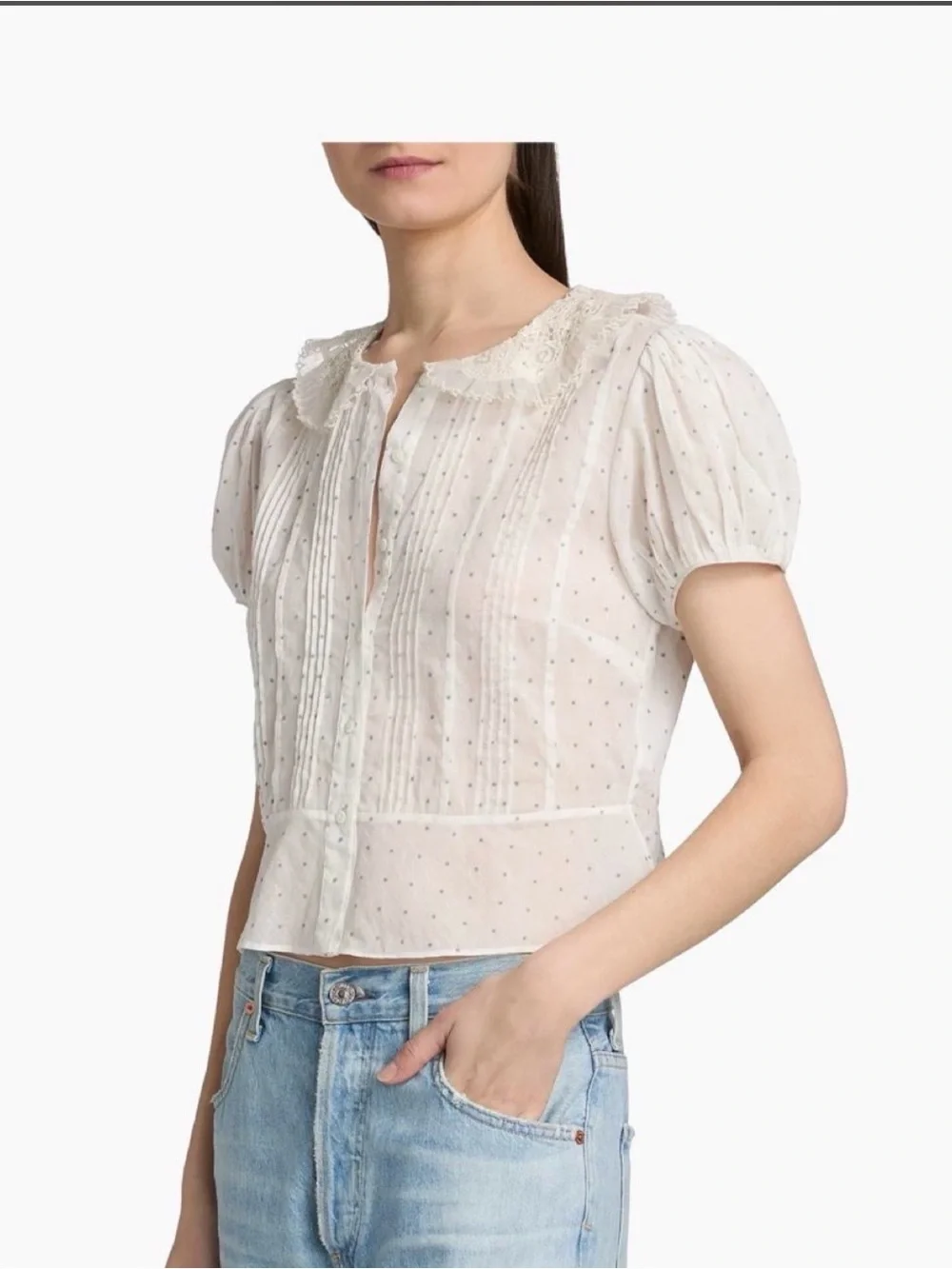 Doen Ivory Swiss Dot Lace-Collar Peplum Blouse
